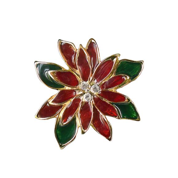 1990s Red Green Enameled Gold Plate & Rhinestones Christmas Poinsettia Brooch - Picture 3 of 3